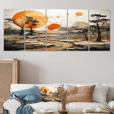 Orange Sunset Abstract Landscape Stream II - Abstract Landscapes 5 Piece Wall Art Decor