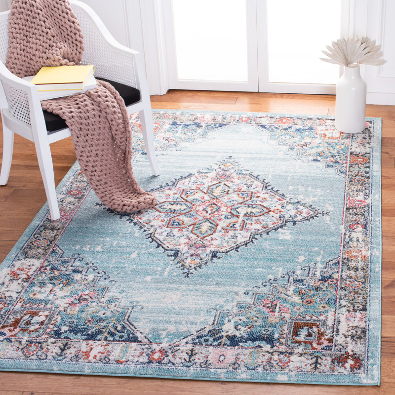 Dostie Oriental Light Blue/Navy Area Rug, Rectangle 4'5" x 6'5"