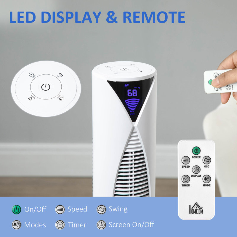 37.75" Tower Fan Cooling For Bedroom With 3 Speed, 12H Timer, Oscillating, LED Sensor Panel, Remote Control, White, White