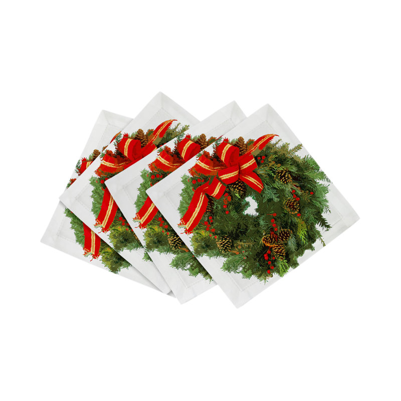 Christmas Wreath Cotton Sateen Cocktail Napkins, White Red
