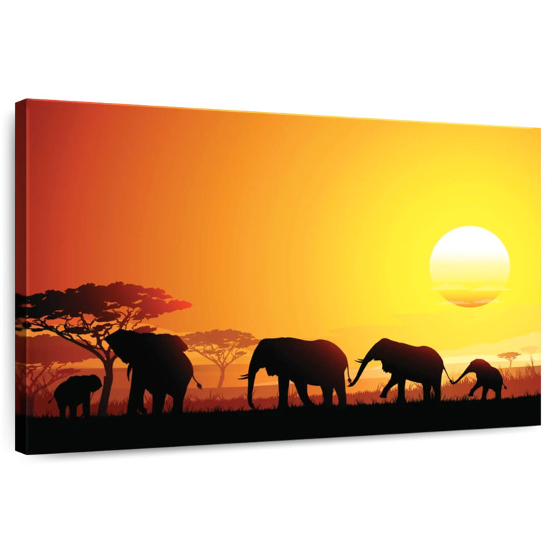 Elephant Herd At Sunset, 34" H x 51" W