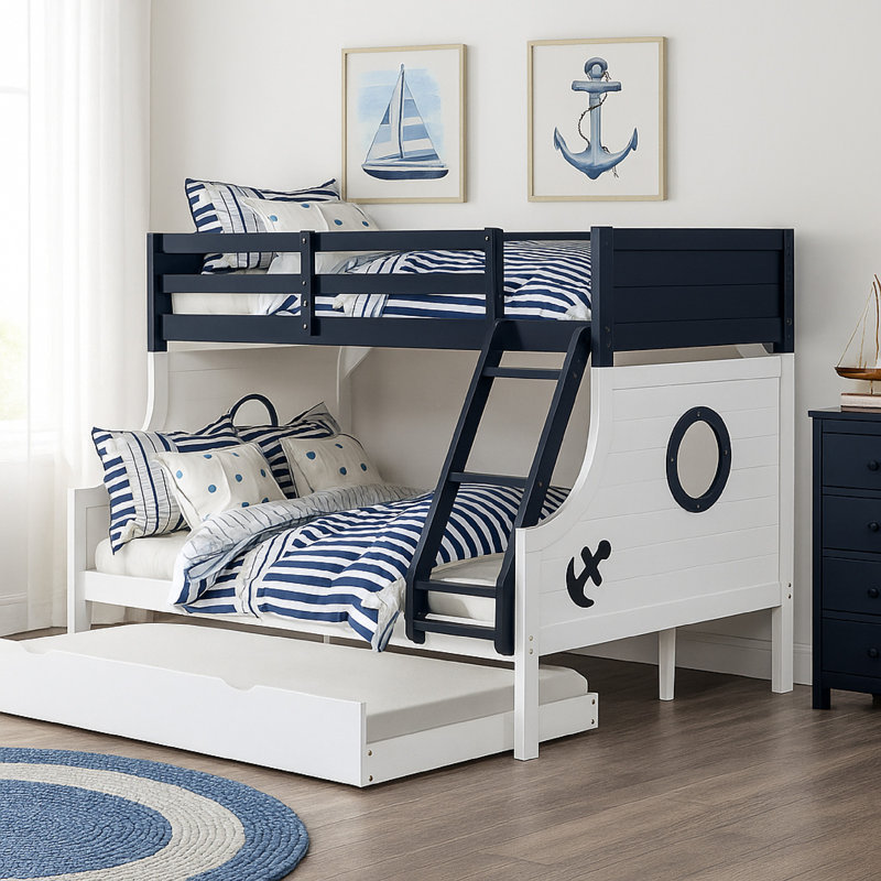 Lit superposé simple au-dessus de double Nexo, décorations nautiques en blanc et bleu foncé, Bleu / blanc