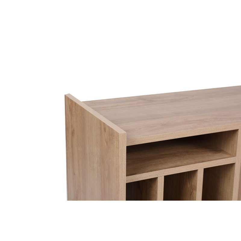 Meuble télé moderne avec option de fixation murale, chêne et noir, 59,1 po x 15,7 po x 15,7 po | 100% panneau de particules enduit de mélamine, épaisseur: 0,7 pouce | Plusieurs tablettes, pieds robustes en plastique, design scandinave pour des salons élégants