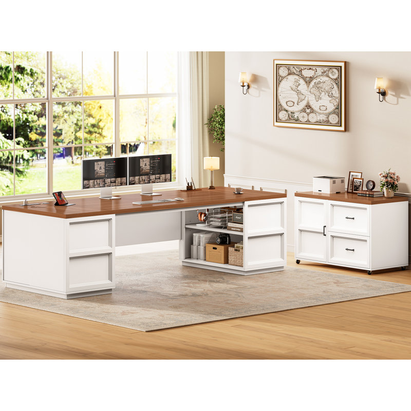 Bureau de direction en L avec classeur à roulettes et prise de courant, Blanc, brun