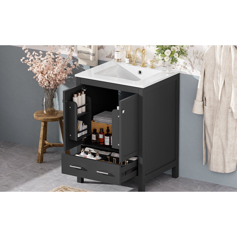 24 - Inch Bathroom Cabinet With Single Ceramic Sink, Double Doors, Drawer, And Soft Close Design For Compact Spaces Vanity Integrated Undermount Layer Shelf Small Storage