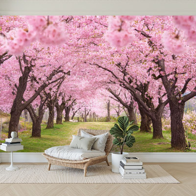 Peel and Stick Wallpaper 96" W x 69" H Modern Self Adhesive Wall Mural for Bedroom Beautiful cherry blossoms Japan Obuse machi Nagano Prefecture