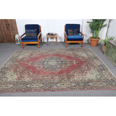 Grand tapis turc rétro fait à la main de couleur mauve pour le salon - motif médaillon Boho