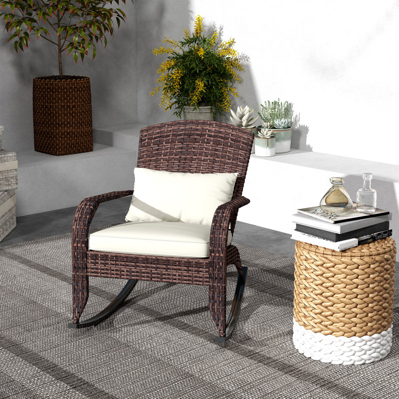 Chaise berçante d'extérieur en osier avec coussins Christiano, Blanc, crème, Brun