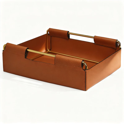 Orange rouge, peau de litchi, taille moyenne, plateau en cuir fabriqué à la main avec cadre en métal - organisateur de clés élégant pour l'entrée, plateau de bureau décoratif pour bijoux, montres, parfums et articles essentiels - imperméable, résistant aux taches, facile à nettoyer - style nordique
