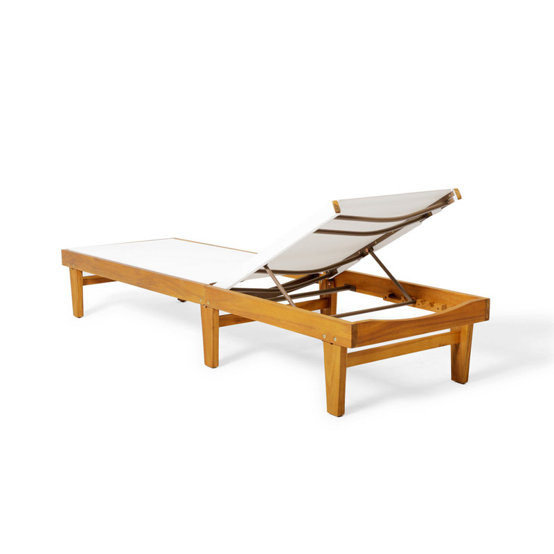 Gunnarr 78.25" Long Reclining Acacia Single Chaise Lounge, White/Teak