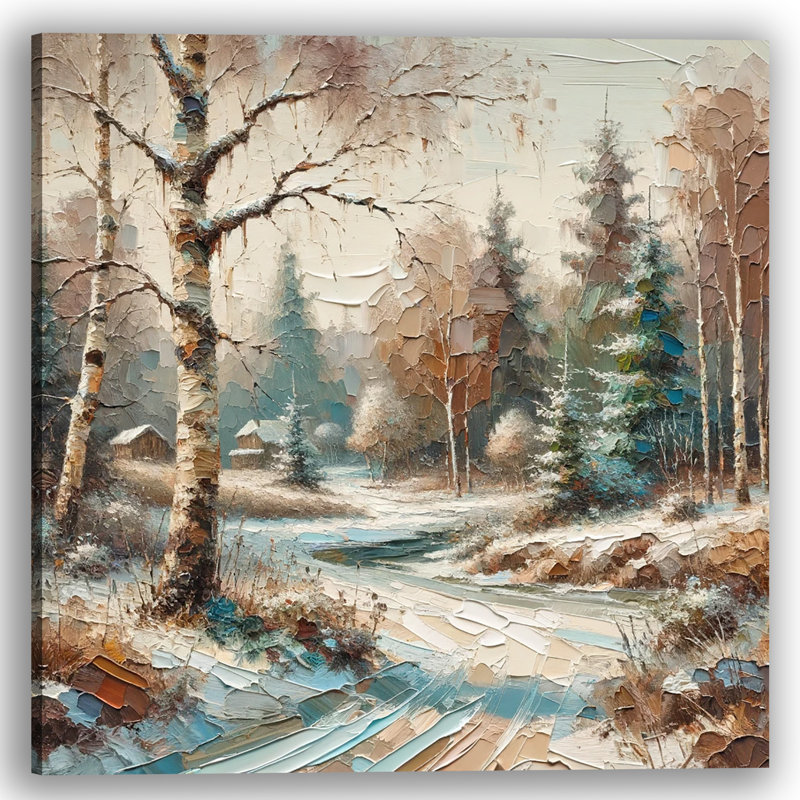 Rustic Winter Charm: Paysage de neige texturé avec bouleaux sur toile, H 40 po x l 40 po x P 1,5 po