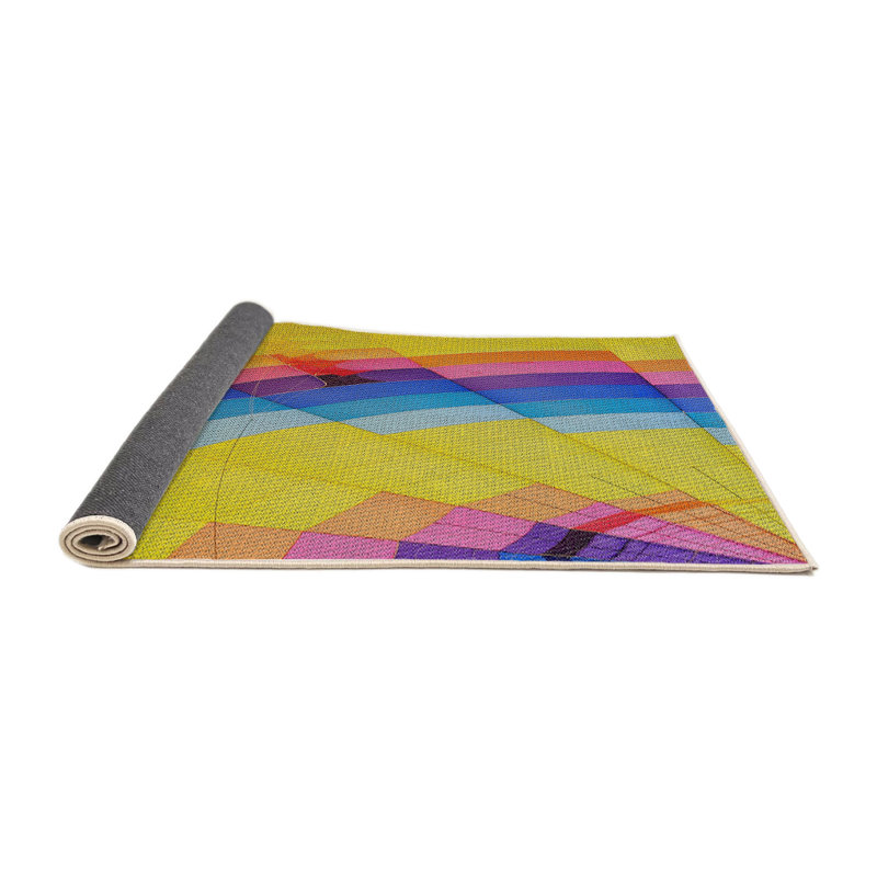 Tapis jaune/bleu/orange à motifs, Rond 4 pi