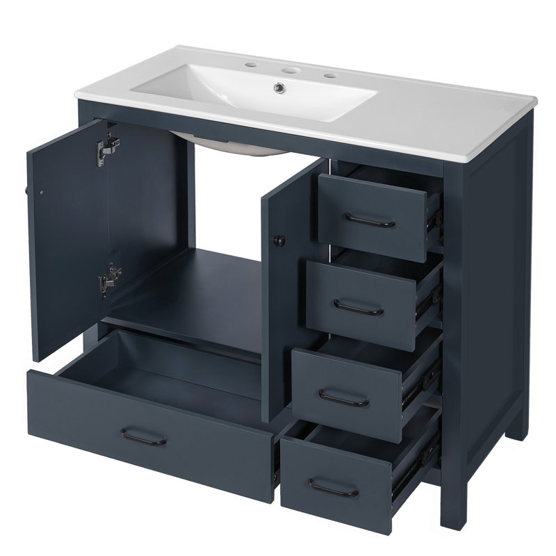 Meuble-lavabo bleu 36 po avec lavabo en céramique, armoire de rangement abondante, 2 portes à fermeture en douceur et 5 tiroirs (ancien numéro de référence: N729P183735C)