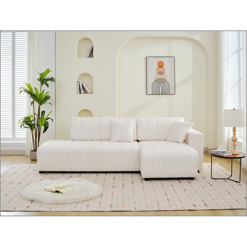 Canapé d'angle capitonné en forme de L avec coussins décoratifs, Orienté à droite, Laine beige
