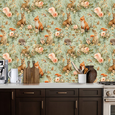 Peel and Stick Wallpaper Cute Woodland Animals Foxes Deer Rabbits Bears Raccoons Owls Green Contact Paper Removable Self Adhesive Wall Mural Wall Decor for Bedroom Kitchen Cabinets 17.7in x 118in