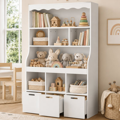 40" White Toy Organizer Bookshelf for Kids, 6 Storage Bins + 3 Drawers, Sturdy Anti-Tip Unit for Playroom