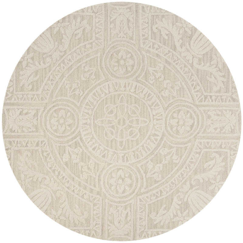 Ferrera Floral Handmade Tufted Wool Light Gray/Ivory Area Rug, Round 4'