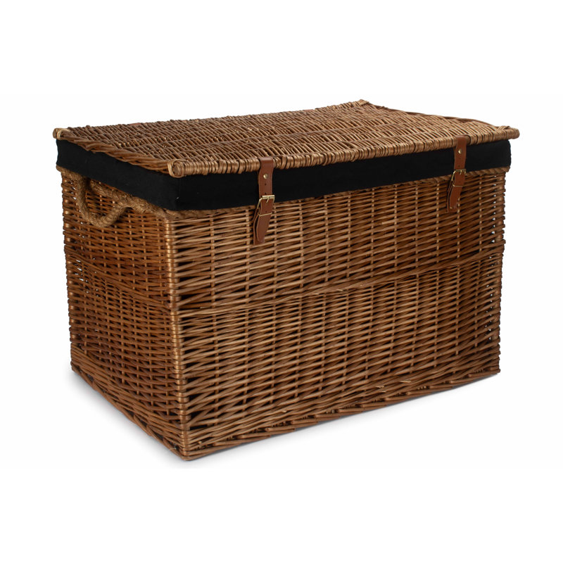 Fleur De Lis Wicker Storage Hamper Basket with Lining, Light Steamed/Black Lining