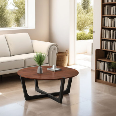 44" Solid Wood Coffee Table - Brown Acacia & Black Modern Round Table by Latitude Run