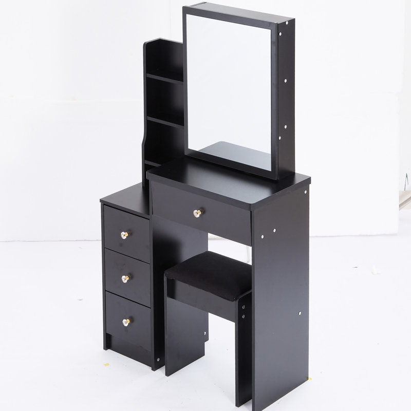 American Design Small Space Vanity Table With Cushioned Stool, Large Sliding Mirror, Multi-layer Storage, Black Dresser Size Left Bedside Cabinet Extra High Capacity Storage For Space,