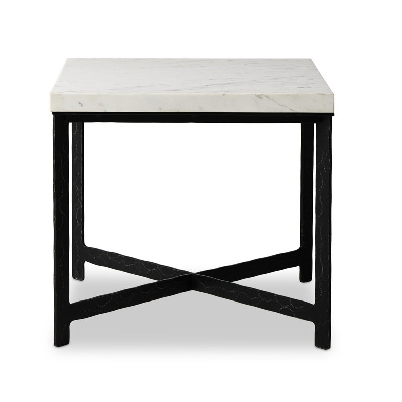 Hammered Iron End Table-White Marble, White Top/Black Base