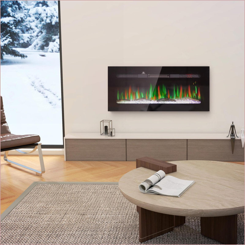 Foyers électriques 40 po encastré / mural avec télécommande, bûche / flamme de cristal | Acier | Argent mat