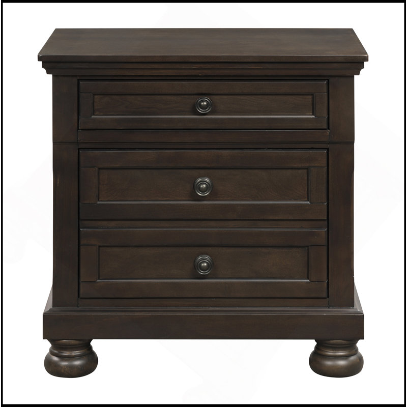 Table de chevet de style transitionnel à finition brun grisâtre avec deux tiroirs en queue d'aronde et des meubles en bois