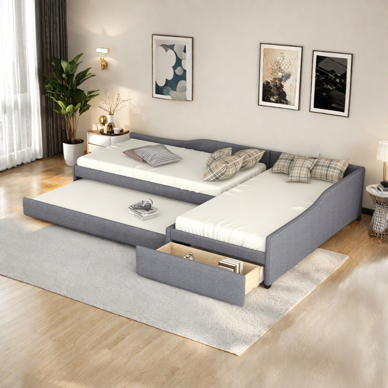 Multifunctional Upholstered Daybed With Trundle And One Drawer, Gray