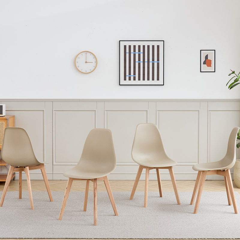 43cm Nordic Dining Chair, Plastic Shell Side Chair with Solid Wood Legs for Kitchen Dining Room, Beige
