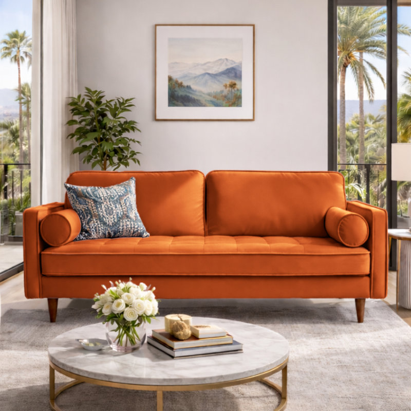 Alden 70" Square Arm Velvet Sofa, Orange