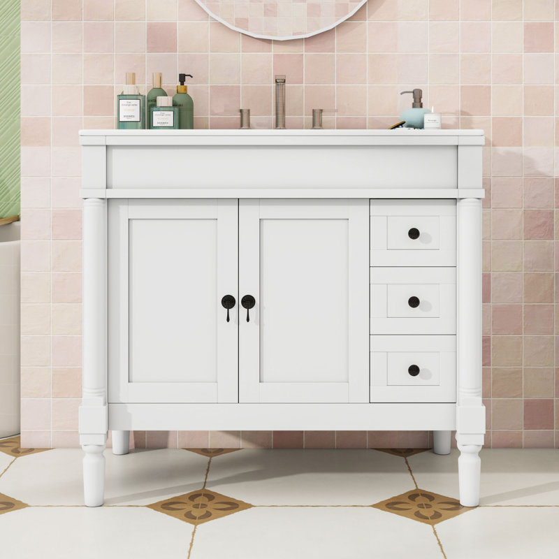 Meuble-lavabo autoportant élégant avec lavabo en céramique durable, porte à fermeture en douceur et tablette réglable, Blanc