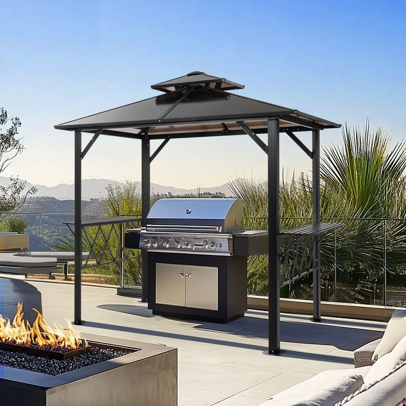 8 Ft. Hardtop Grill Gazebo Canopy Gray Steel Frame with 2-Tier PC Roof and Shelves