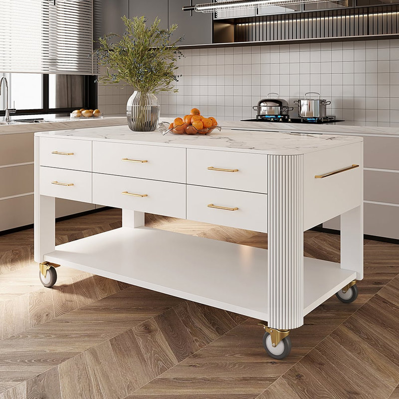 Modern 60" Wood Kitchen Island With Wheels & Cabinets