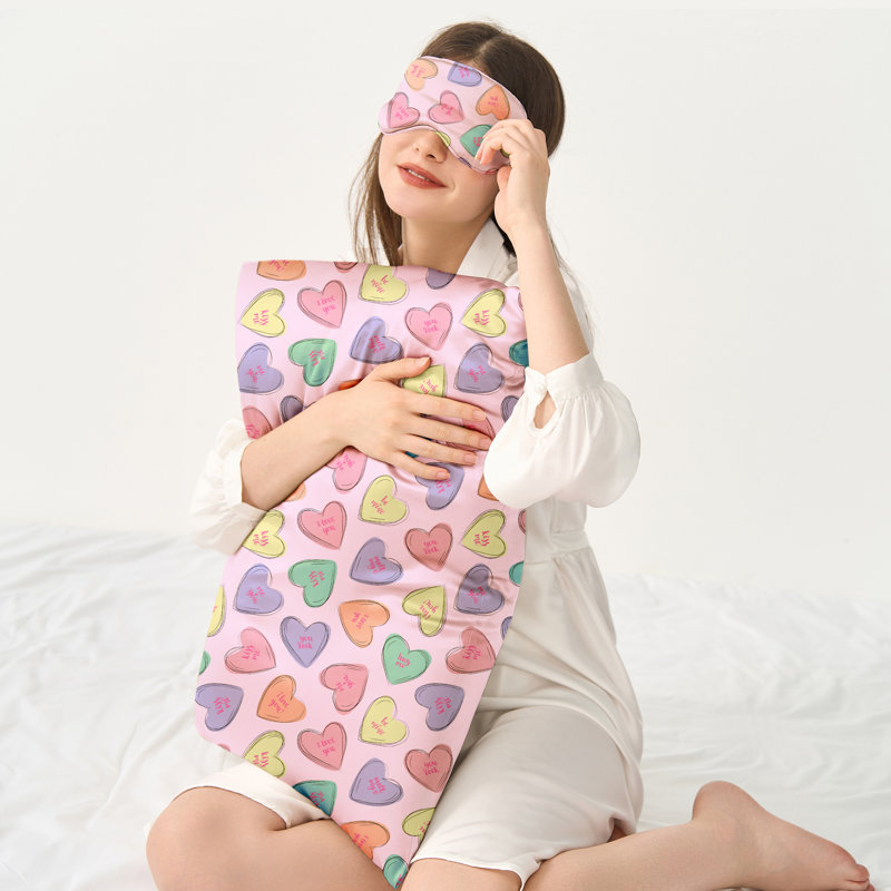 Wonderful Textile 100% Silk Pillowcase with Silk Eye Mask, Full / Double, Pink Geometric