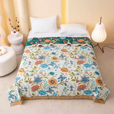 Jeté réversible en coton floral, imprimé bohème papillon et botanique, couverture légère multi-usage pour canapé, lit, canapé et décoration intérieure