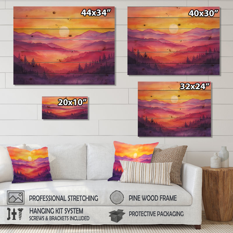 Coucher de soleil sur fond de pin, H 30 po x l 40 po