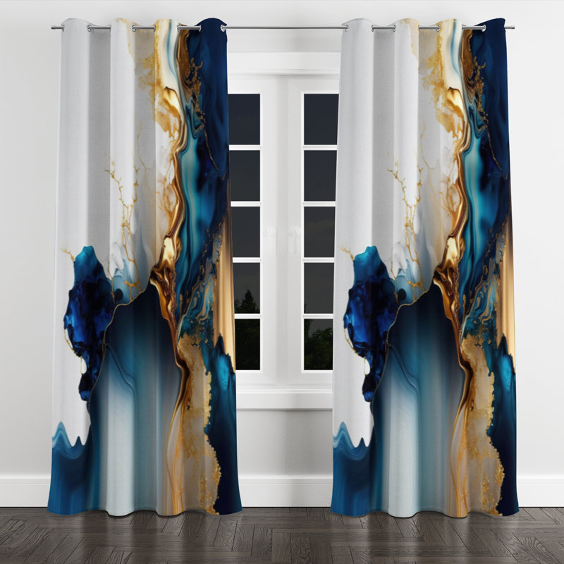 Abstrait géométrique en marbre doré et bleu I - rideau occultant avec œillets - 1 panneau, L 52 po x L 63 po