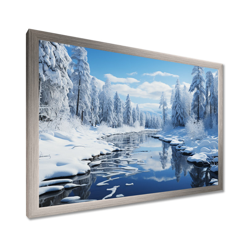 «Winter Snowy Serenity III - Winter Landscape», art mural, Cadre simple argenté, H 16 po x l 32 po x P 1 po