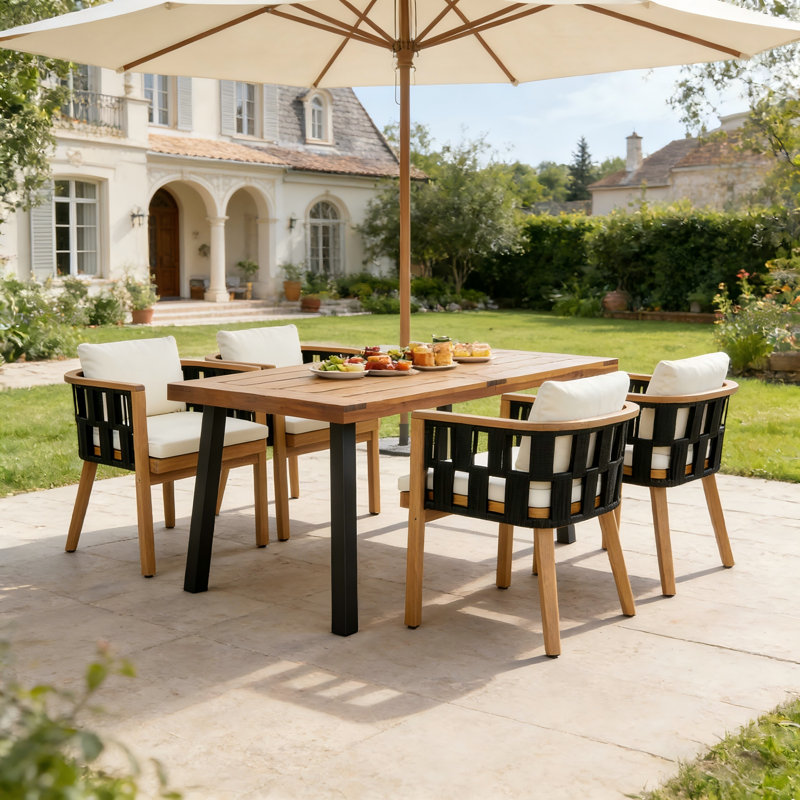 William Patio 5-Piece Acacia Wood Dining Set With Flat Rope & Cushions, 4