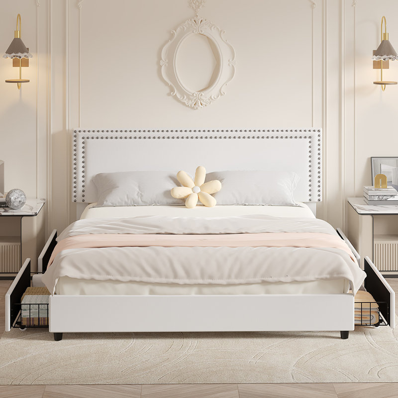 White Velvet Upholstered King Platform Bed with Storage Drawers