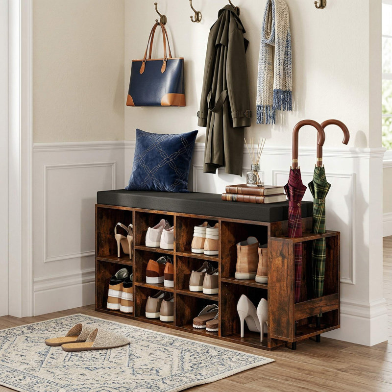 Banc de rangement robuste pour chaussures avec 10 casiers et porte-parapluie