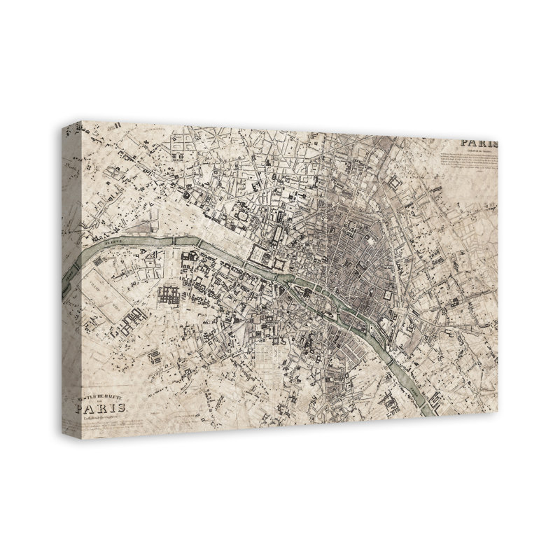 Carte rétro de Paris sur toile, H 16 po x l 24 po x P 1,25 po