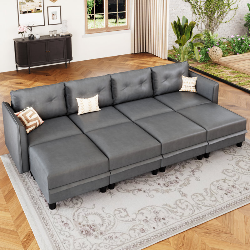 Tomario 8- Piece Upholstered U-Shaped Modular Sectional With Storage, Gray Polyester