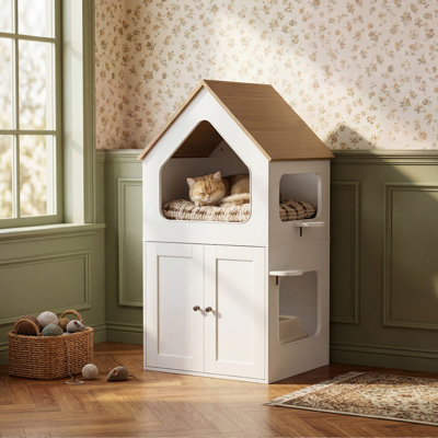 21.7" W House-Shaped Cat Litter Box Enclosure with Cat Bed, Climbing Steps & Scratching Pad