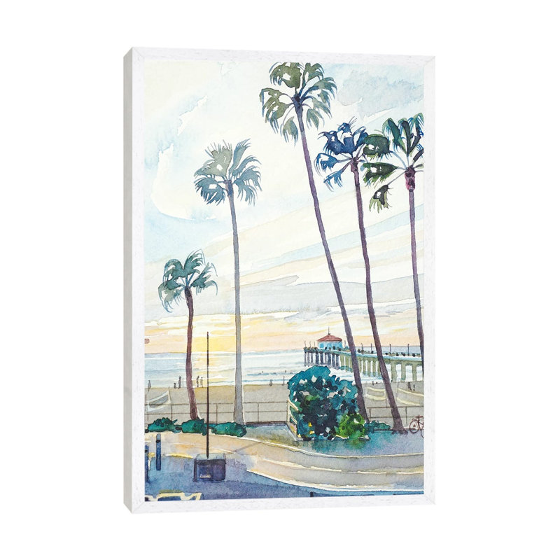 Manhattan Beach Pier by Luisa Millicent - Painting on Canvas, White Framed, 66.04cm H x 45.72cm W x 3.81cm D