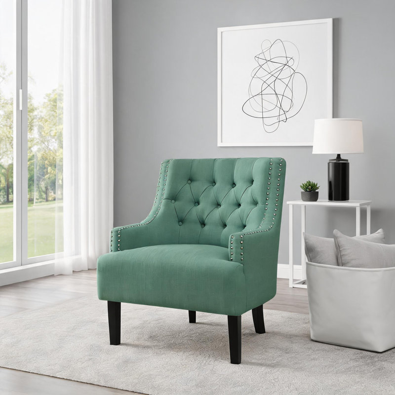 Fauteuil d'appoint 1 place avec finition noire et structure en bois massif revêtue de tissu texturé traditionnel, Vert