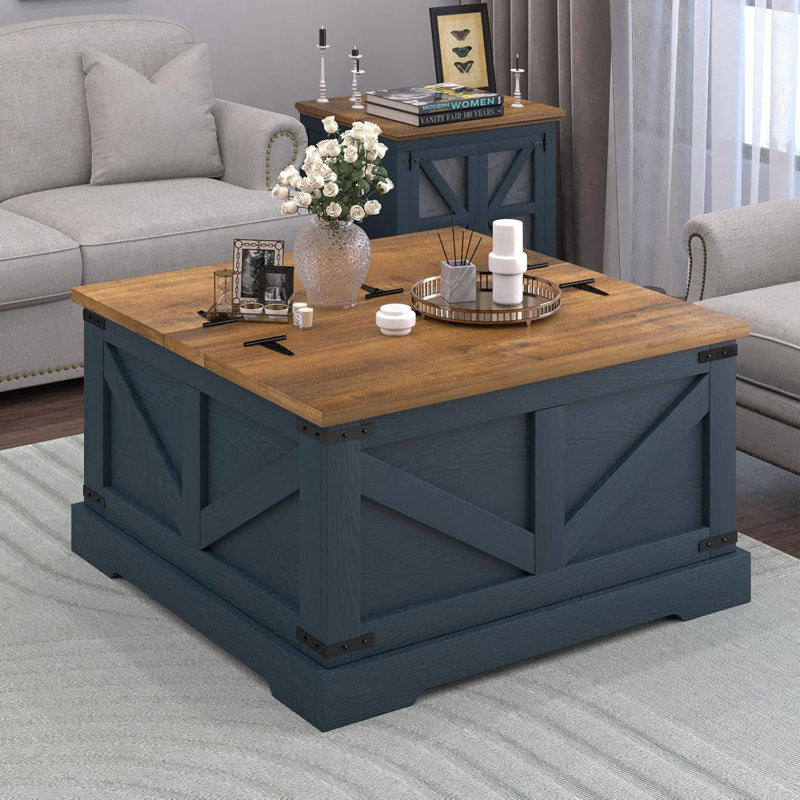 Table basse Farmhouse avec compartiment de rangement caché, table basse carrée pour le salon, table centrale en bois avec plateau relevable à charnière pour la maison