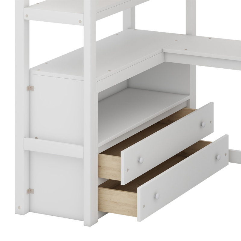 Lit mezzanine avec bureau et tablettes, deux tiroirs intégrés, escalier de rangement, Blanc