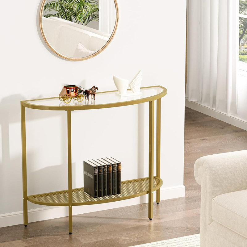 Console en verre à demi-lune en verre à 2 niveaux avec cadre en métal doré, petites tables de vestibule modernes, assemblage facile, cadres en verre transparent doré