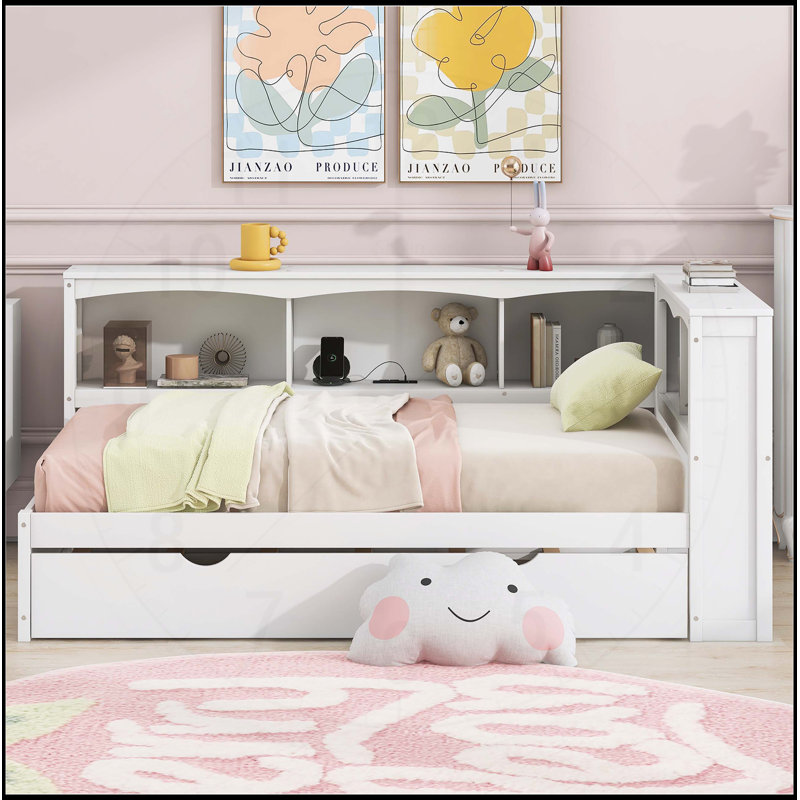 Lit de jour simple avec lit gigogne, armoires de rangement et ports USB pour plus d'espace et de fonctionnalité, Blanc
